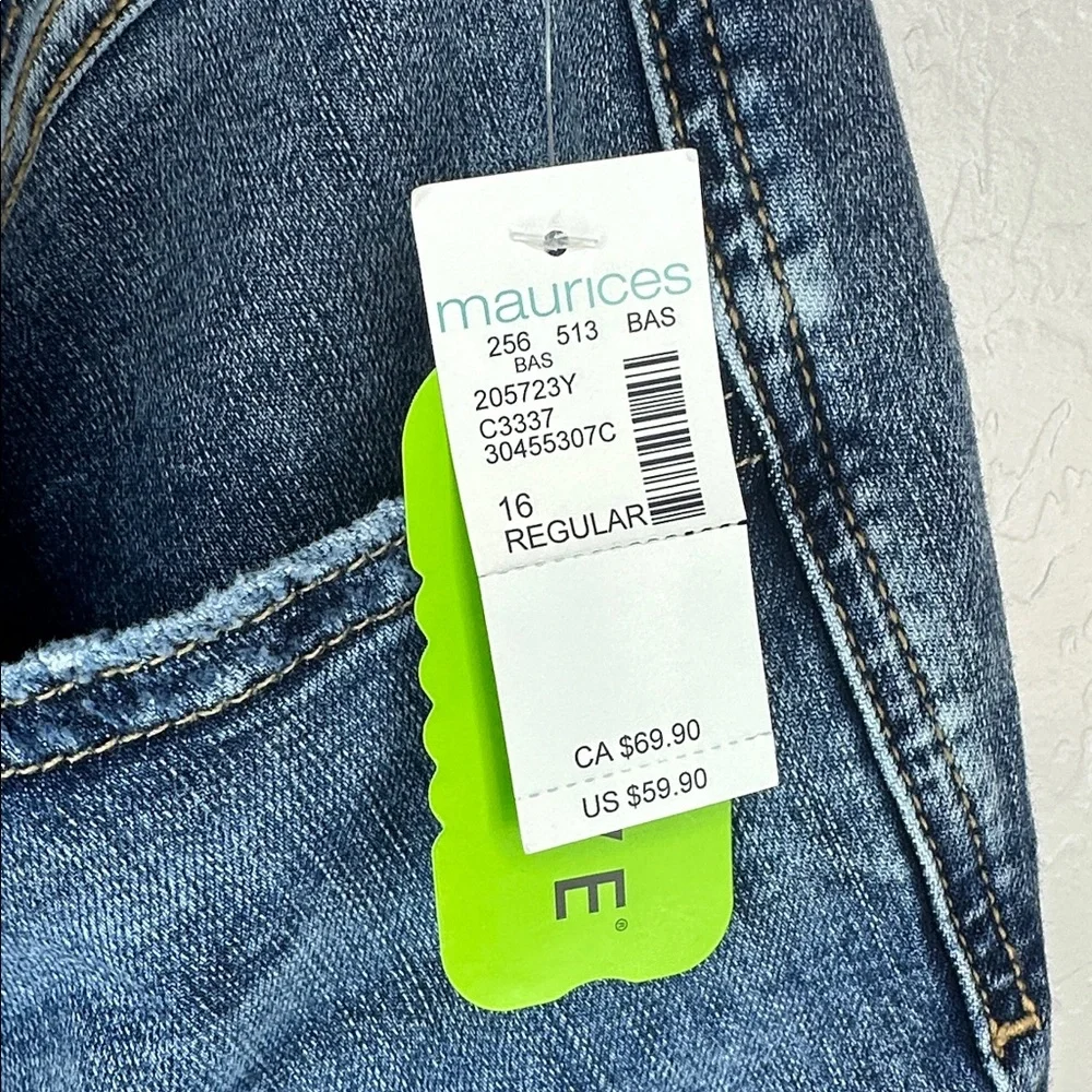 NWT Maurice’s Blue womens 16 high rise Jeans 27” ankle slim straight‎ stretch